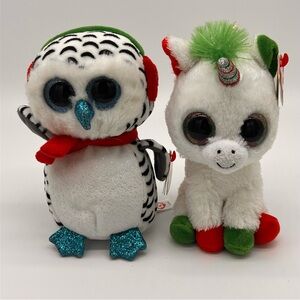 Ty Beanie Boo Stuffed Animals - White and Green Owl & Unicorn Christmas